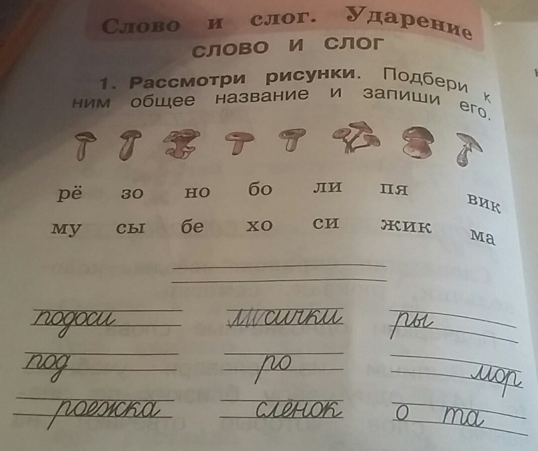 Запиши в тетрадь слова. Рассмотри рисунки Подбери к ним название и запиши его. Рассмотри рисунки Подбери к ним общее название. Подбери к грибам общее название и запиши. Подбери общее название и запиши его грибы.