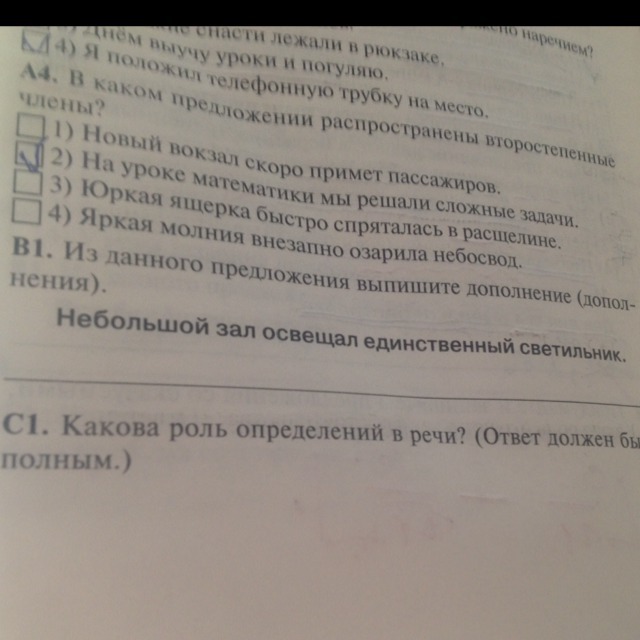 Из данного предложения выпишите дополнение небольшой зал освещал единственный светильник