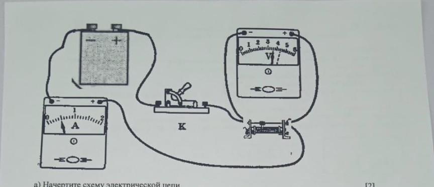 Начертите схему собранной цепи по рисунку и запишите показания приборов
