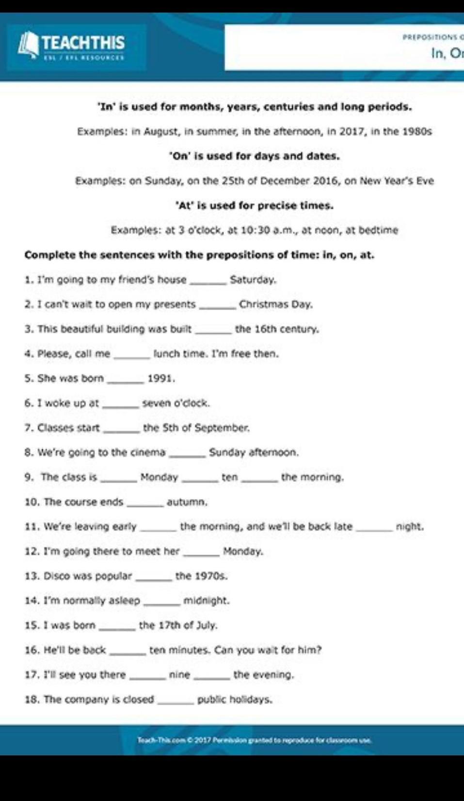 Esl library ответы. Prepositions of time Worksheets. Prepositions of time Grammar. In on at в английском языке Worksheets. Предлоги at in on в английском языке Worksheets