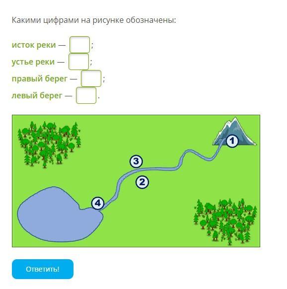 Какими цифрами на рисунке обозначены исток реки устье реки правый приток левый приток