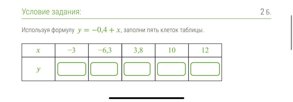 Клетки таблицы 4х5 раскрашены в черный. Используя формулу y=−4,3+x, заполни пять клеток таблицы.. Используя формулу y 3.2+x, заполни пять клеток таблицы. Используя формулу y= 2,2 +x заполни пять клеток таблице. Используя формулу y=4.2+x заполни пять клеток таблицы.