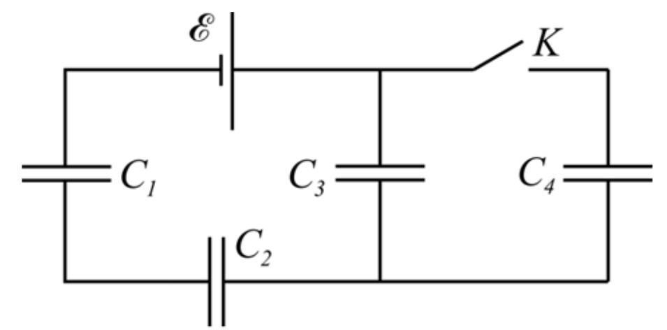 В схеме изображенной на рисунке емкость батареи конденсаторов не изменяется при замыкании ключа к