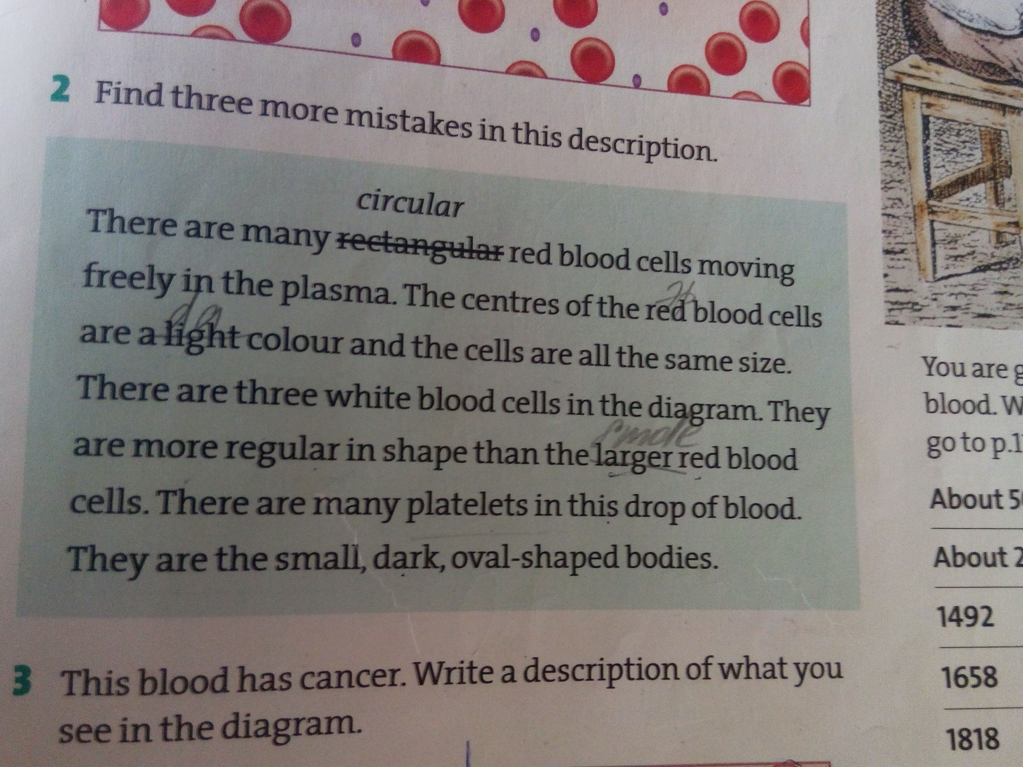 In this there are. There are many circular Red Blood Cells moving freely in the Plasma. Find три. This Blood has Cancer write a description of what you see in the diagram. Circle the mistakes.