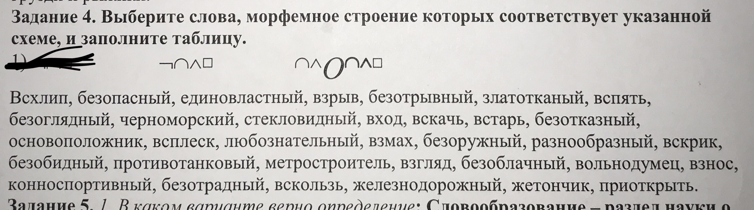 Выберите слова морфемное строение которых соответствует указанной схеме и заполните таблицу