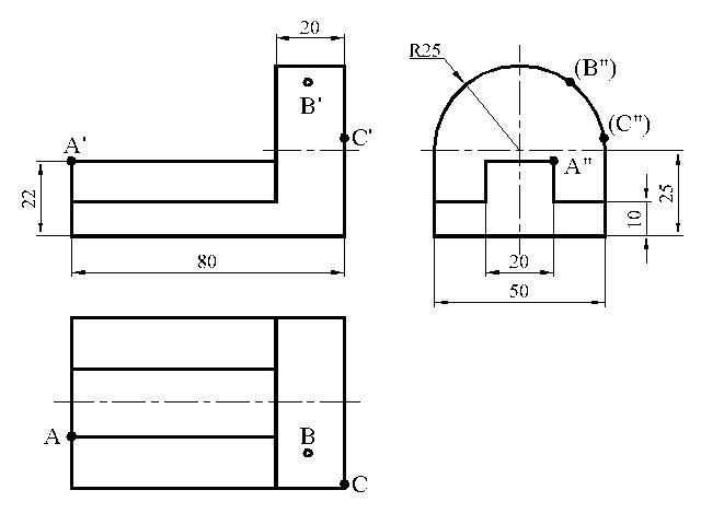 По данному виду и наглядному изображению детали постройте еще два вида очерченных габаритными