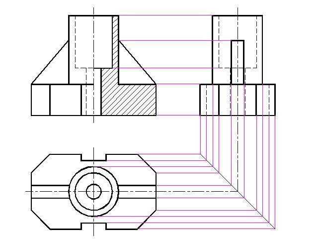 построение технического рисунка детали. готовый третий вид. нарисовать 3 проекцию. 3 проекции деталидетали. технический рисунок по трем видам.