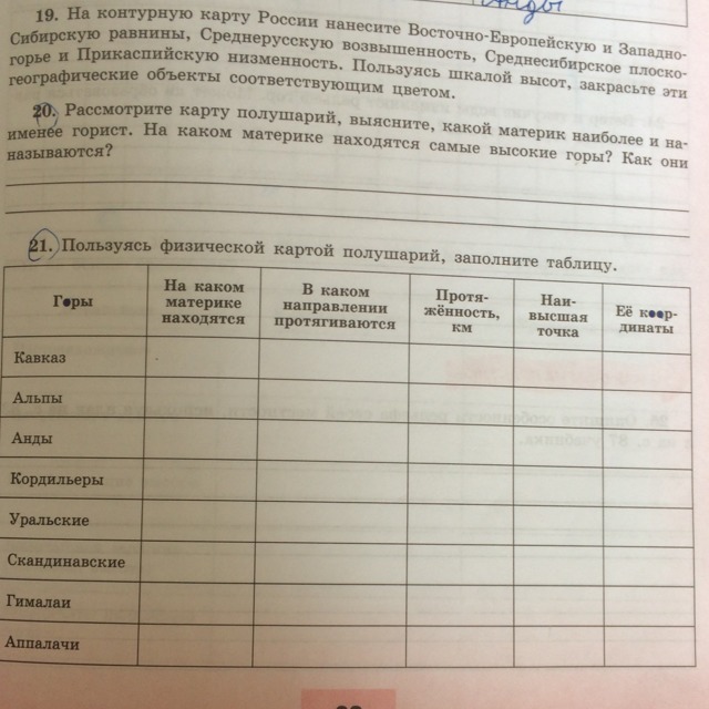 Используя физическую карту россии заполните таблицу