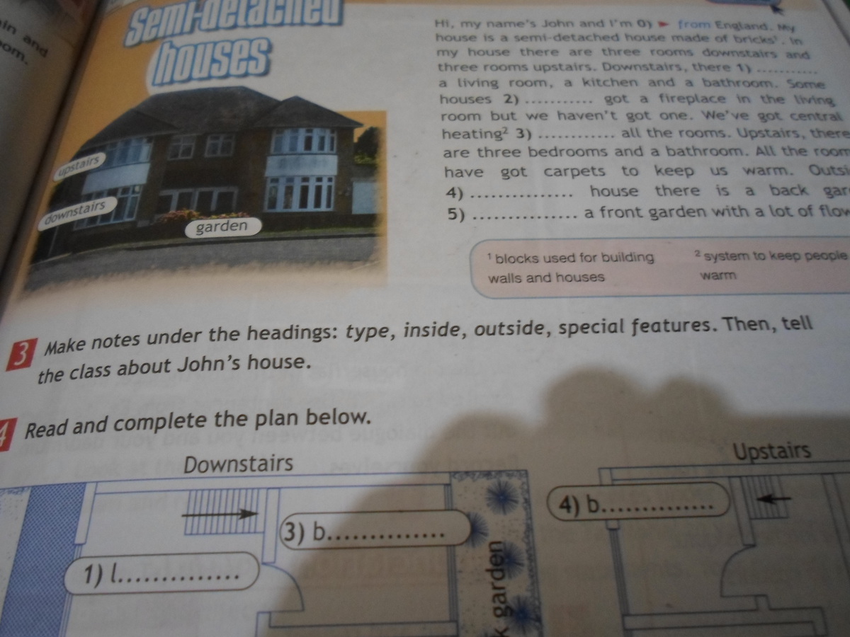 Under the headings перевод. Outside inside перевод. Make Notes under the headings Type inside outside Special features then tell the class about Johns House -перевод.