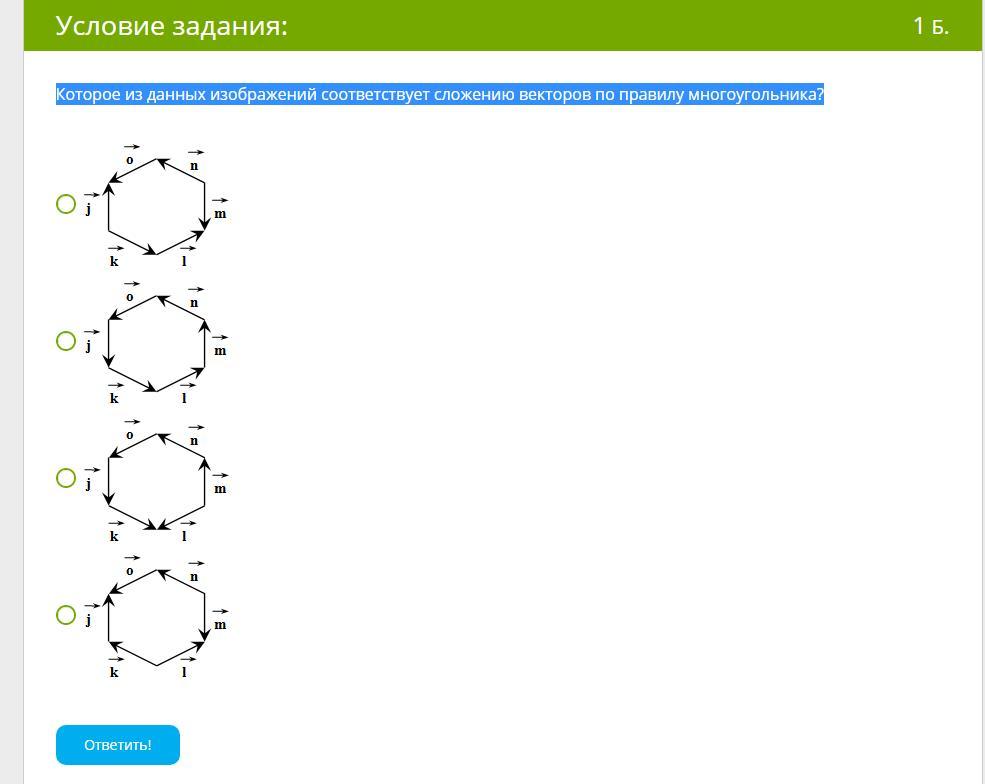 Которое из данных изображений соответствует сложению векторов по правилу многоугольника