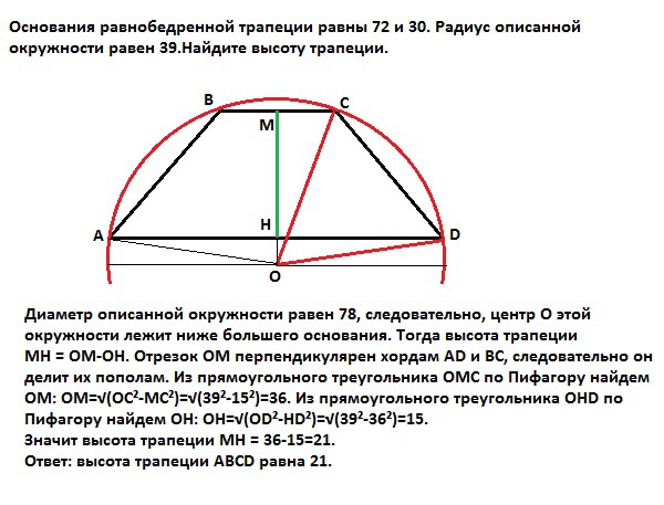 Радиус описанной окружности трапеции равны. Как найти высоту трапеции через радиус описанной окружности. Равнобедренная трапеция и описанная окружность. Основания равнобедренной трапеции равны. Основания равнобокой трапеции равны.