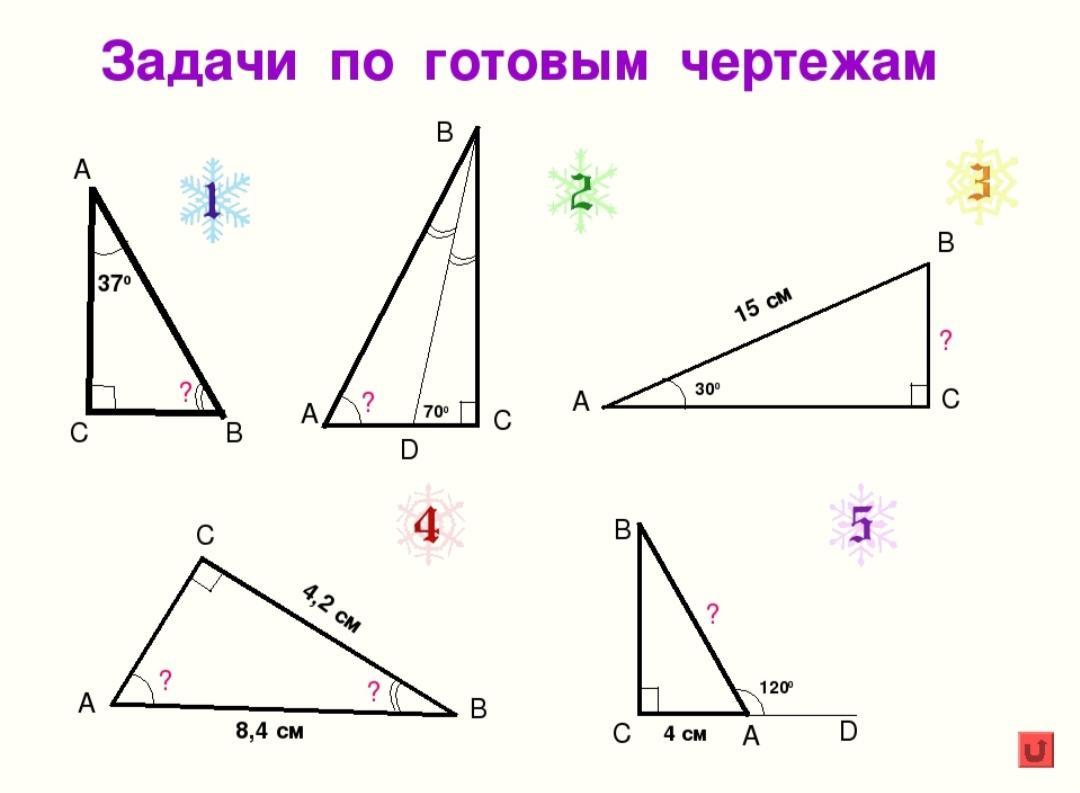 Готовые чертежи треугольников. Прямоугольный треугольник задачи на готовых чертежах 7 класс. Прямоугольный треугольник задачи по готовым чертежам. Задачи на готовых чертежах по теме прямоугольные треугольники 7 класс. Свойства прямоугольного треугольника на готовых чертежах.