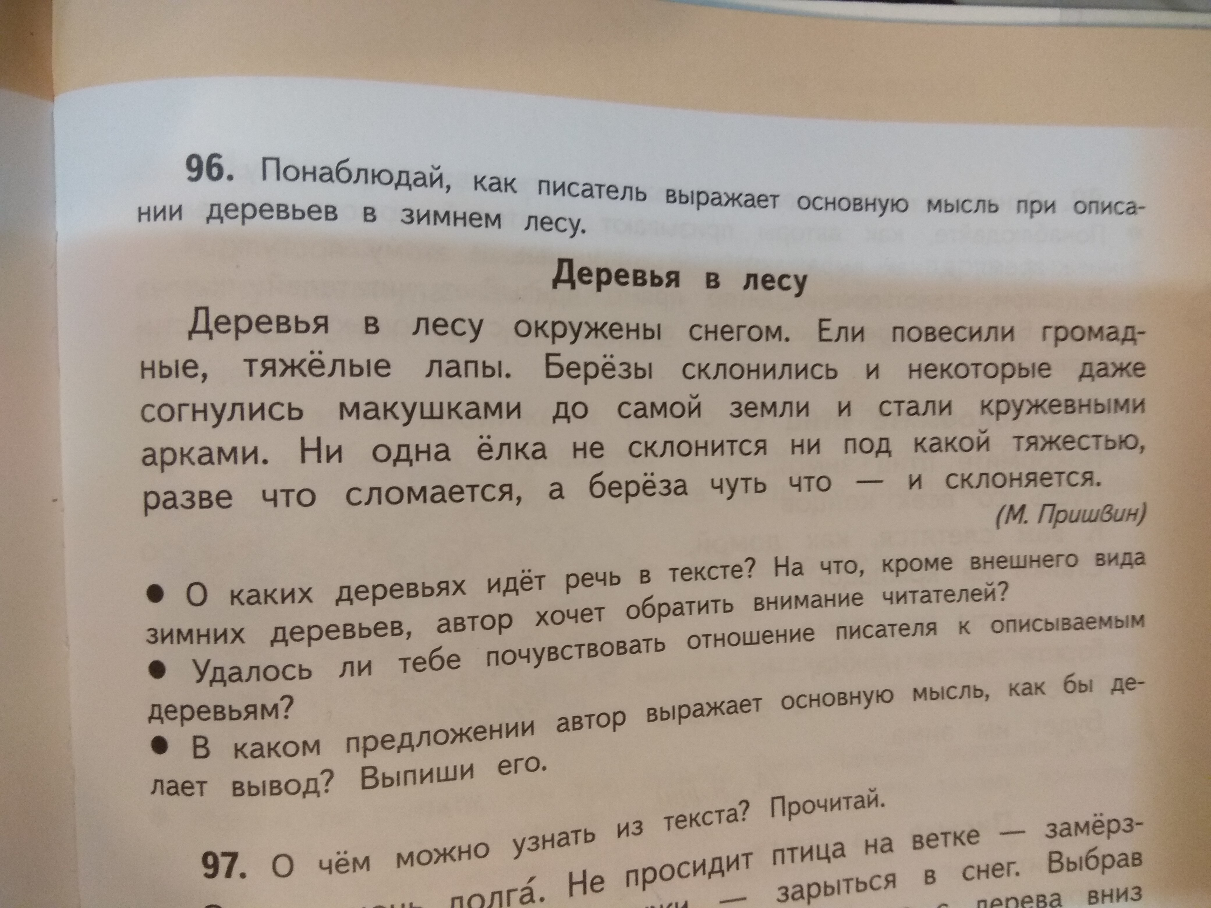 Упражнение 96. В лесу очень тихо деревья окружены снегом ели. Главная мысль в предложении деревья в лесу окружены снегом.