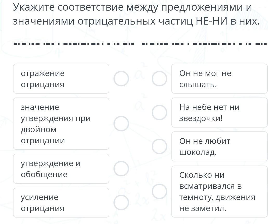 В каком слове отрицание слышится 100 раз. Укажите соответствие. Отрицательное значение всего предложения. Укажите соответствие между операторами и их описаниями. Укажите соответствие между родственными отношениями.