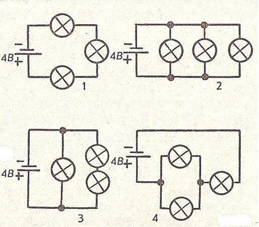Четыре одинаковые лампы соединены как показано на рисунке и подключены