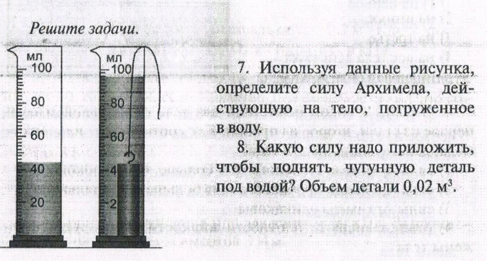 Используя данные рисунка определите силу архимеда действующую на тело погруженное в воду 2 вариант 7