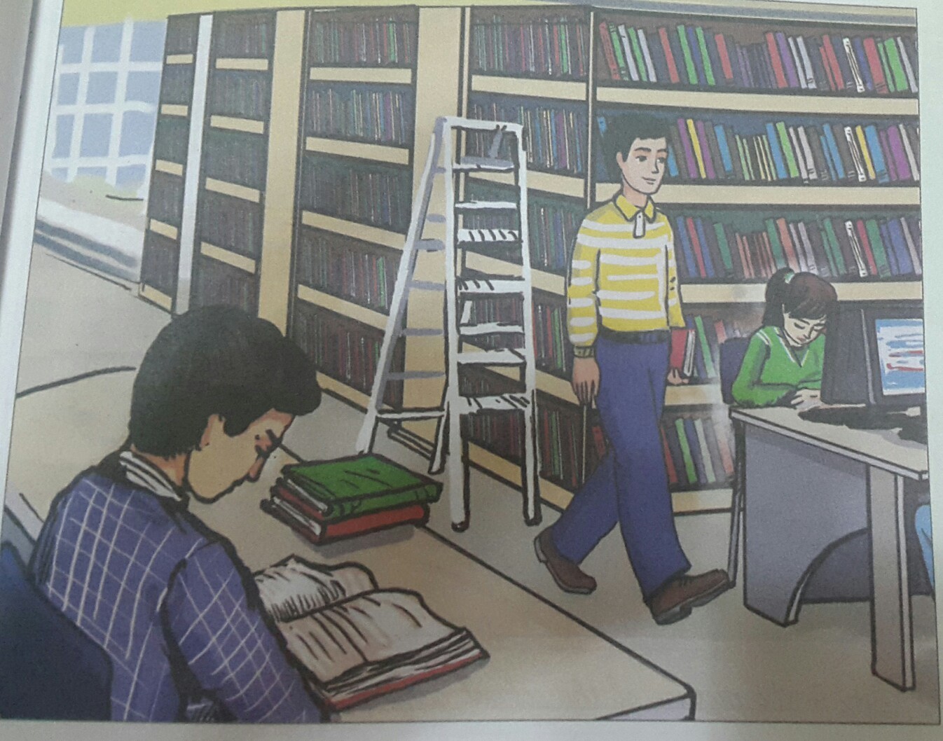 4 look at the picture. Library describe. Describe it. Look at the picture and describe it. At the Library Dialogue.