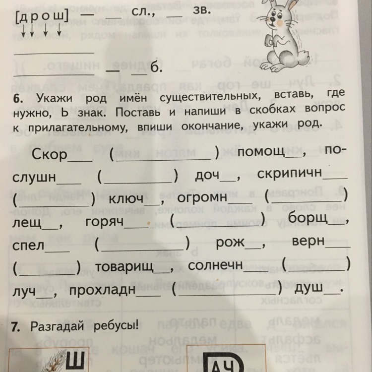 Вставить слова в скобках. Вставить в прилагательные нужные окончания. Укажи род. Укажи род существительных. Впиши в скобки вопрос.