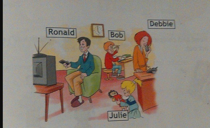 4 now answer the questions. Ronald] Bob] Debbie]. Is Bob standing. Is Ronald reading a newspaper. Ответ на вопрос is Ronald reading a newspaper.