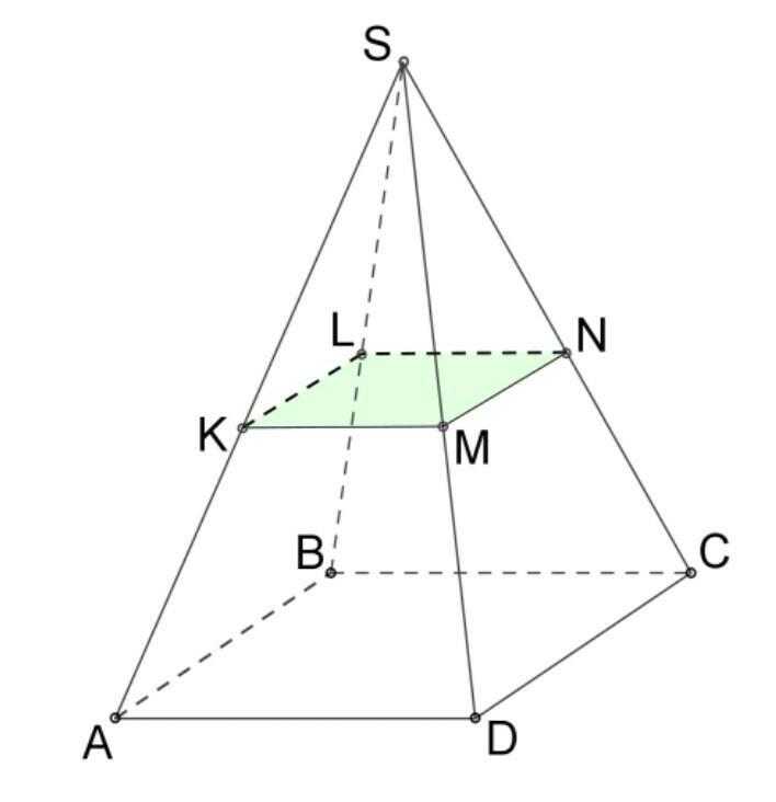 Сечение параллельное стороне пирамиды. Пирамида SABCD пересечена плоскостью klnm, параллельной основанию.. Пирамида пересечена плоскостью klnm параллельной основанию. Пирамида SABCD пересечена плоскостью. Правильная четырехугольная пирамида на плоскости.