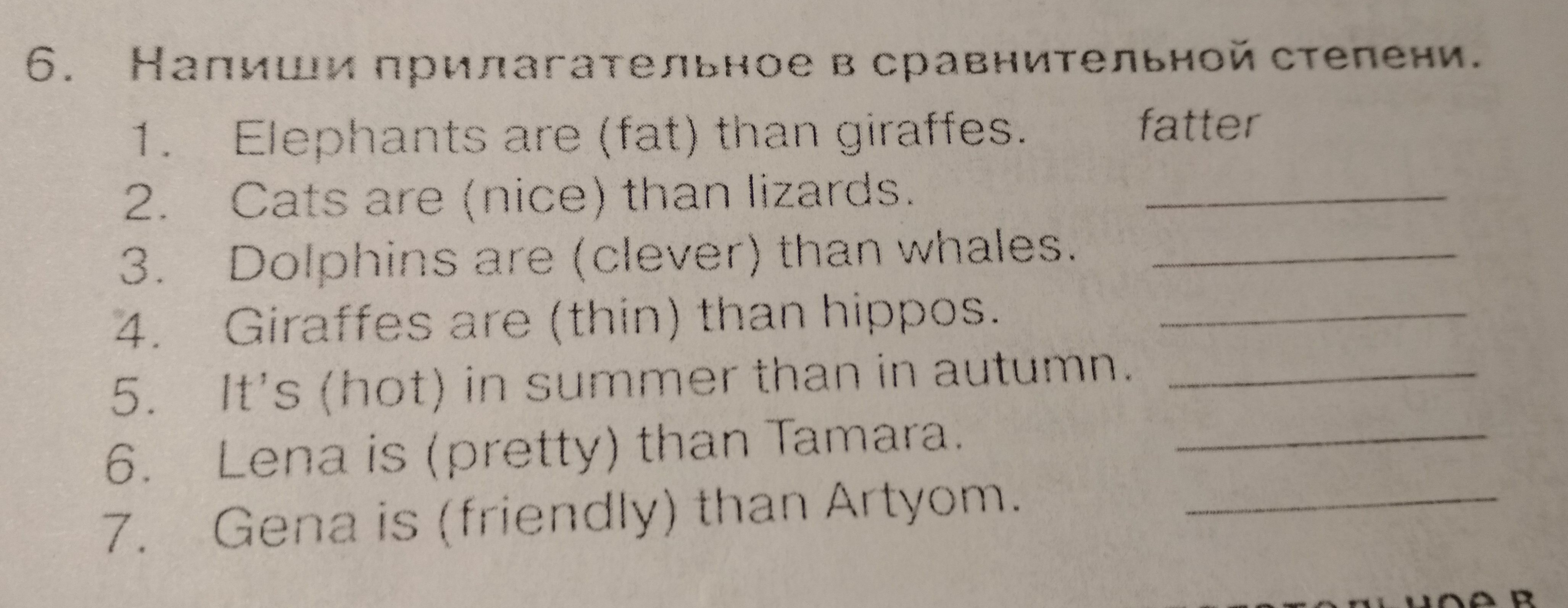 Раскрой скобки и запиши предложения. Напиши прилагательное в сравнительной степени Elephants are fat than Giraffes. Степени сравнения прилагательных fat. Напишите прилагательные в сравнительной степени Elephants are fat. Сравнительную степень прилагательных в нужной строчке.
