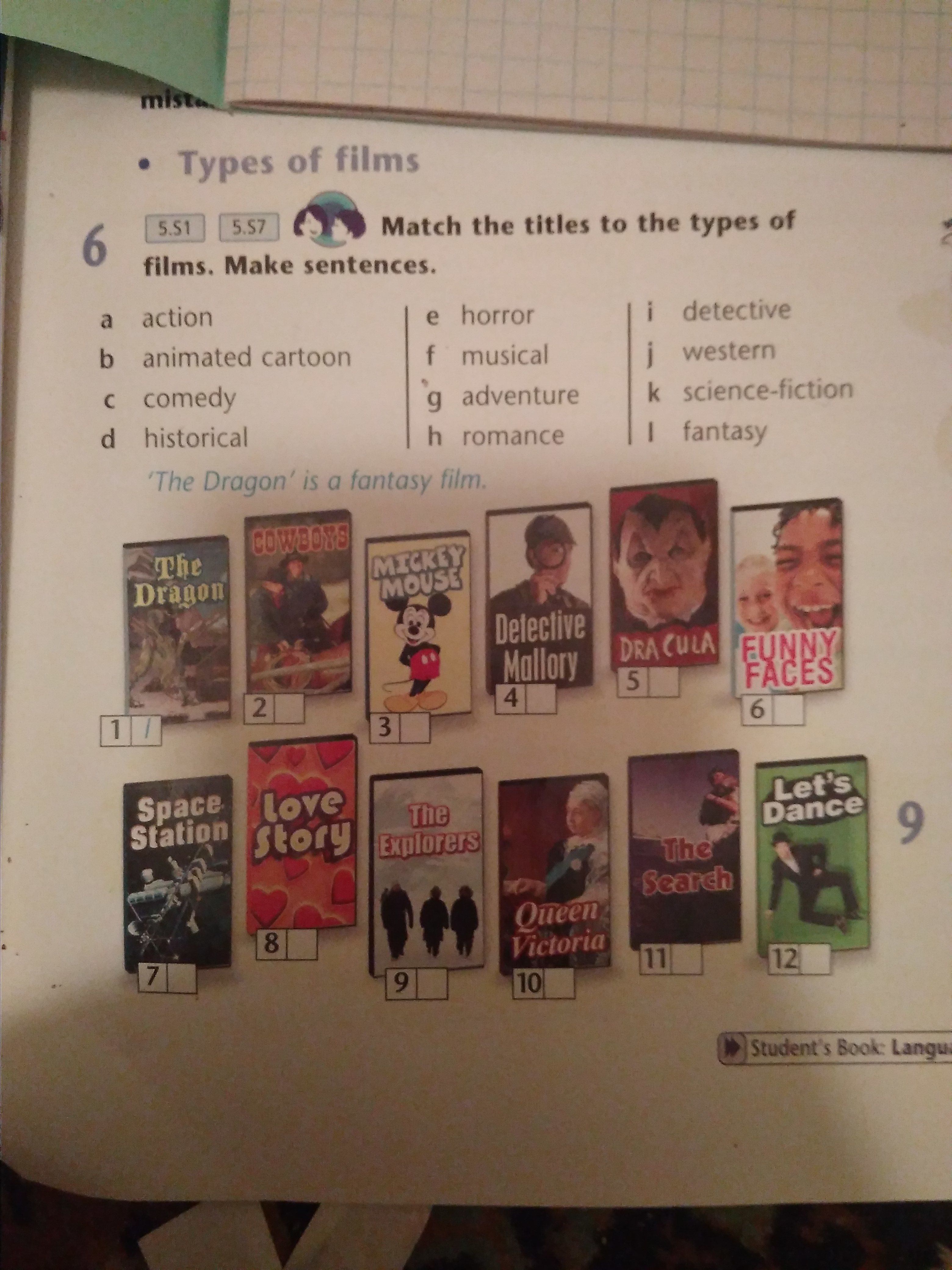 Match the reviews to the films. Match the pictures to the different Types of films. Label the different Types of films. Match the posters to the Types of films.. Types of films Action.