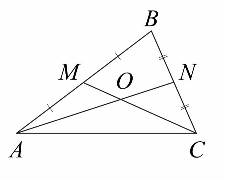 В треугольнике abc o. Точки m и n являются серединами сторон ab и BC треугольника ABC.