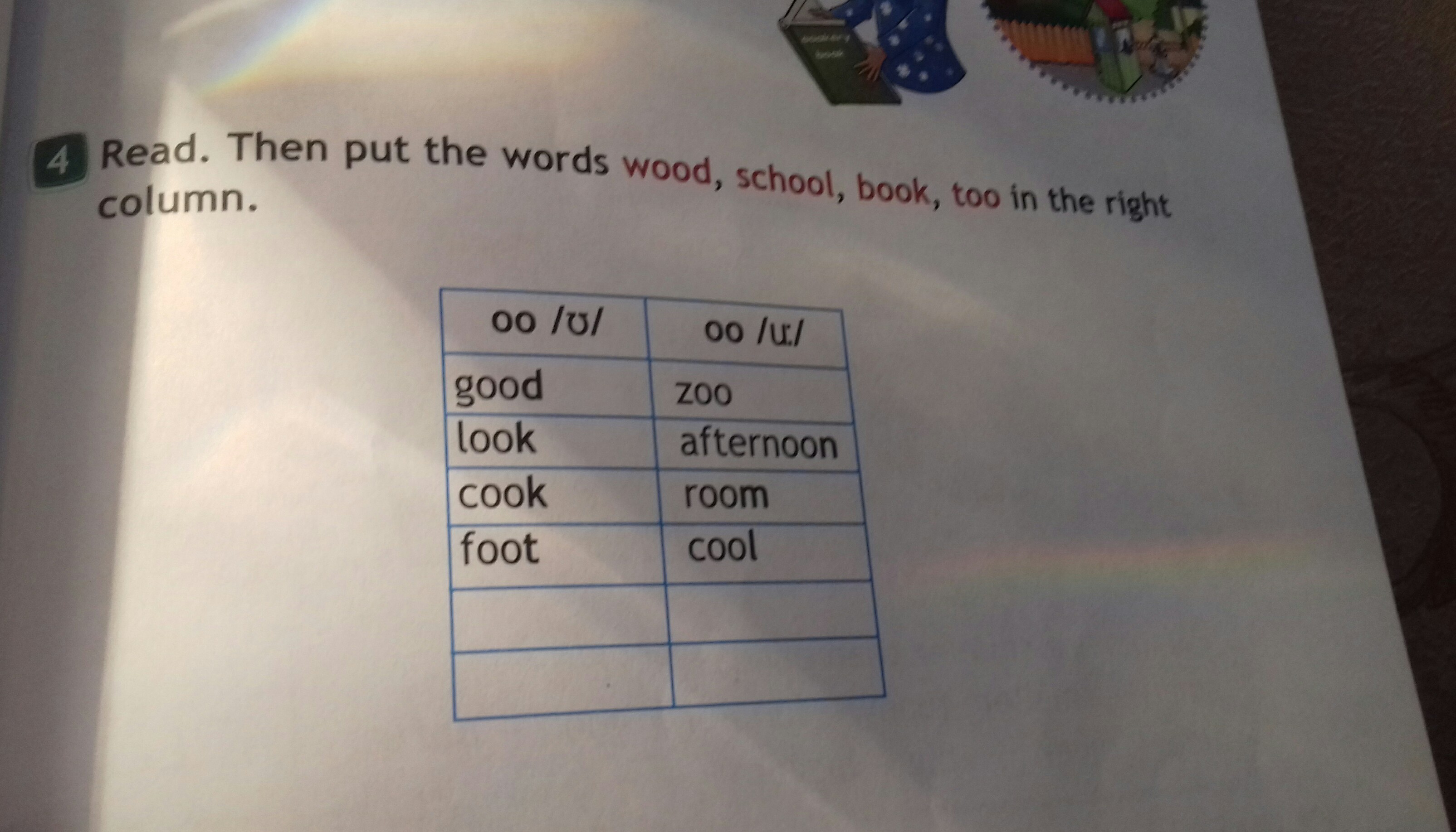 Read then say. Read then put the Words Wood School book too in the right column. Read copy the Table then put the Words Wood School book too in the right column. Read then put the Words Wood School book too in the right column перевод на русский язык.