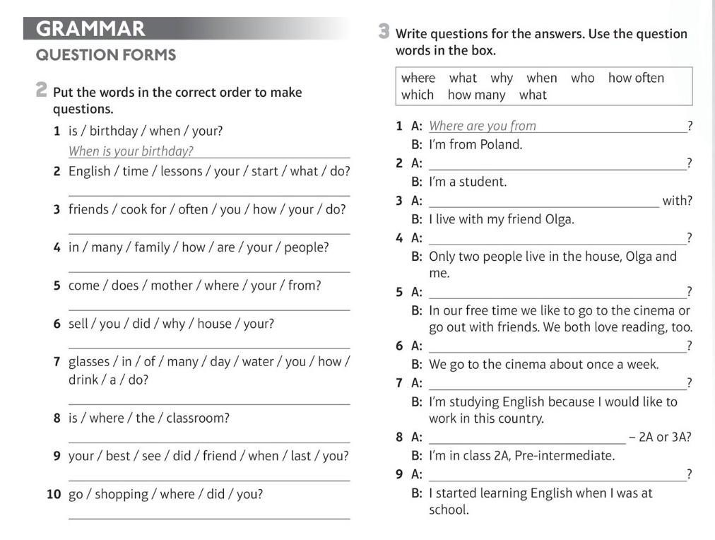 Question forms exercises. WH questions exercises for pre Intermediate. WH questions Worksheets Intermediate. 19 Question forms exercises Page 106.