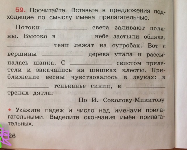 Подбери подходящие по смыслу прилагательное. Соколов Микитов потоки солнечного света. И Соколов Микитов потоки солнечного света заливают. Вставить подходящие по смыслу имена прилагательные. Потоки света заливают Поляны Соколов-Микитов.