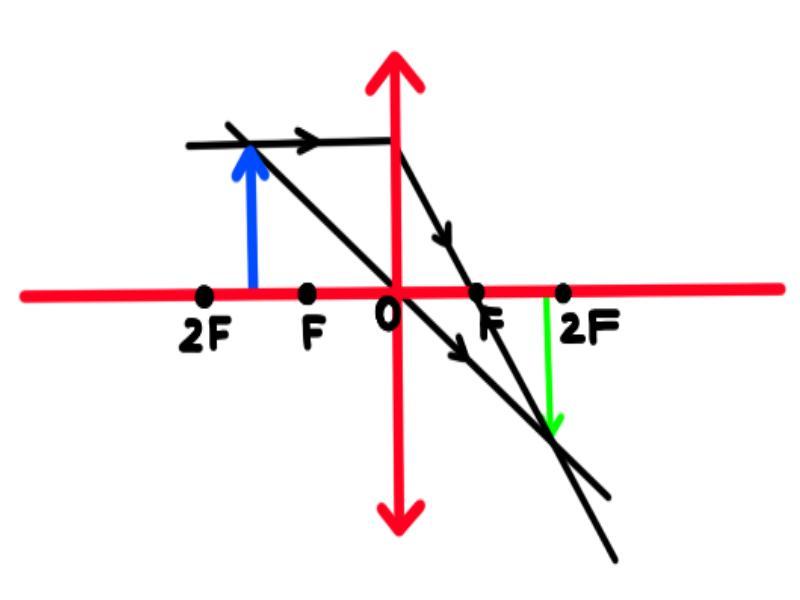 Постройте изображение карандаша стоящего между фокусом собирающей линзы и самой линзой