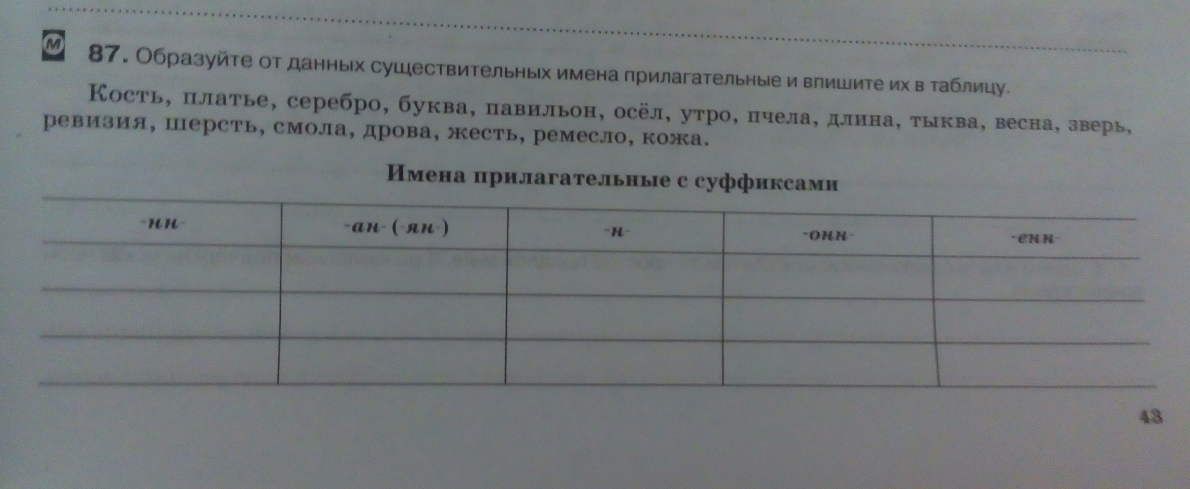 Образуйте существительные от данных существительных. От данных имён существительных образовать имена прилагательные. Заполните левый столбец таблицы. Впишите в таблицу. Заполни таблицу имён существительных первого.