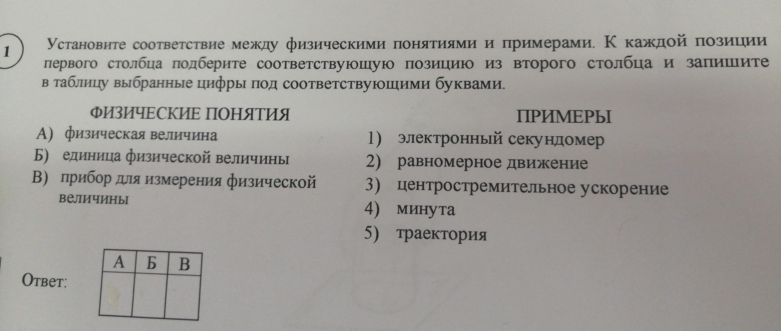 Для каждого физического понятия подберите соответствующий пример