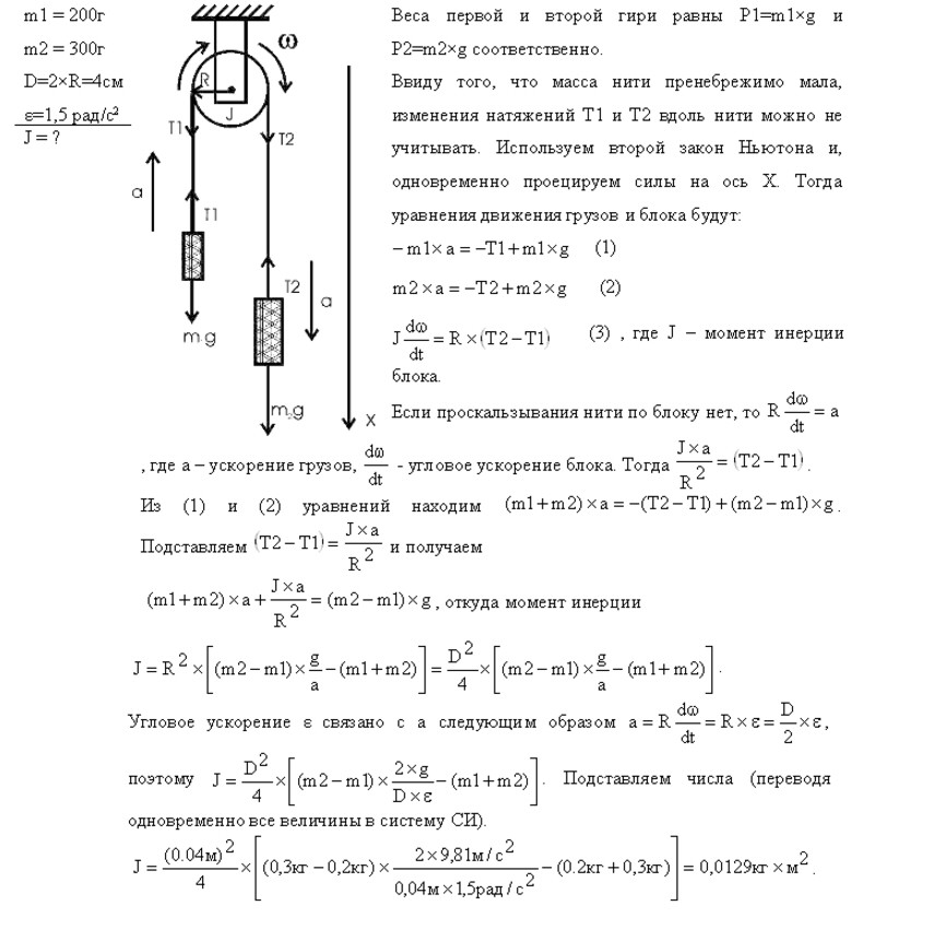 Груз массой m 1. Грузы m1, m2 перекинуты через блок. Нить с привязанными к ее концам грузами с массами 50 г и 60 г. Угловое ускорение блока с грузом. На концах нити перекинутой через блок.