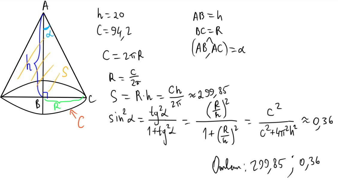 Длина окружности основания конуса равна 2. Высота конуса 20. Площадь осевого сечения конуса через синус. Площадь сечения конуса через синус. Длина окружности основания конуса найти высоту.