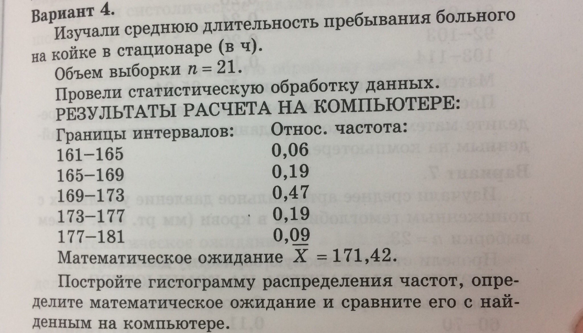 Вариант 4 газы. Объем выборки= 21 границы интервалов 161-165 относ частота 0,06.