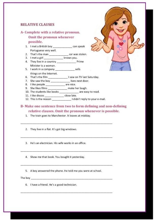 Complete the sentence use relative pronouns. Non-defining relative Clauses Worksheets. Defining and non-defining relative Clauses Worksheets. Defining relative Clauses Worksheets. Defining relative Clauses and non-defining relative Clauses.