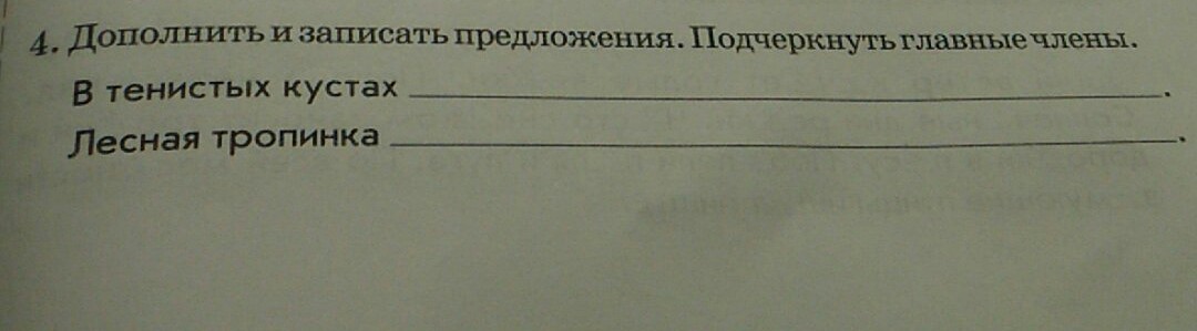 Дополни запиши. Дополнить и записать предложения подчеркнуть главные члены. В тенистых кустах дополнить предложение. Дополни предложение в тенистых кустах. Дополнитб и записать предложения в тенистых кус Ах......