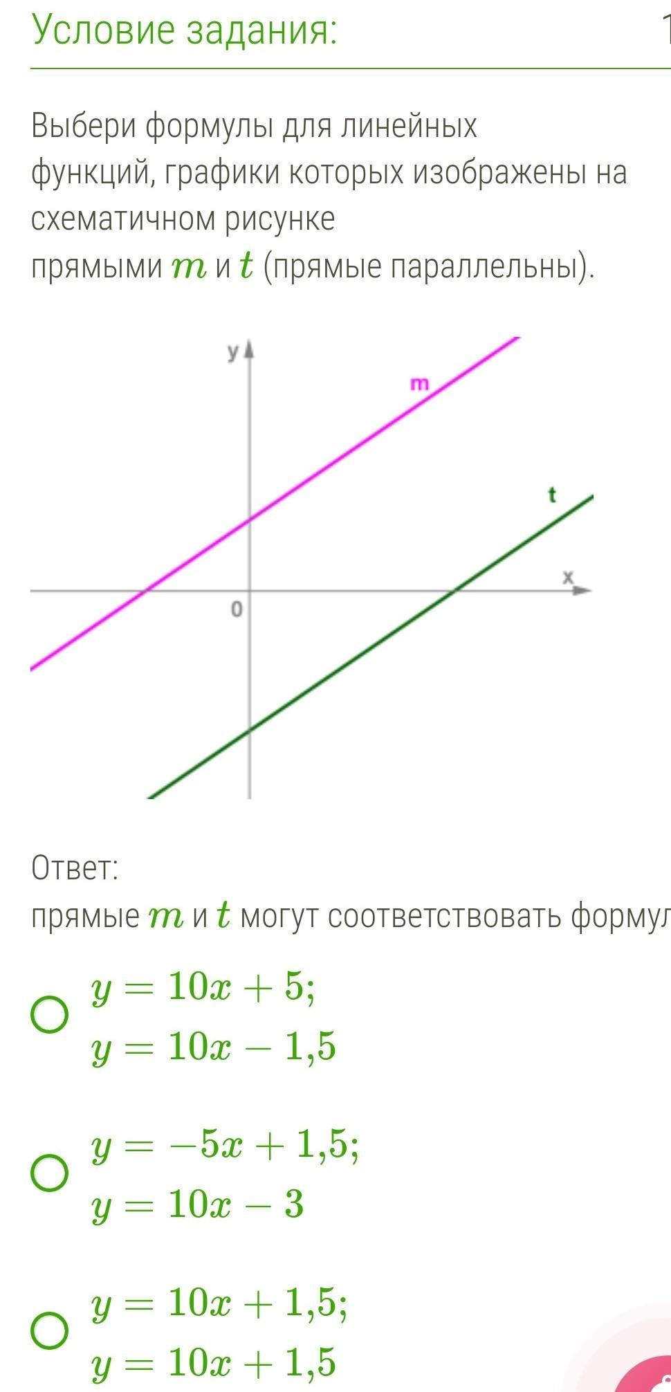 Выбери формулы для линейных функций графики которых изображены на схематичном рисунке прямыми m и t