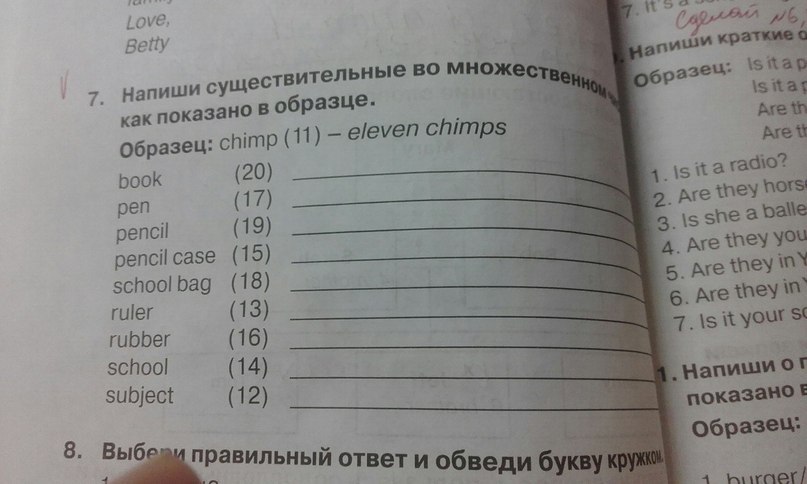 Напиши существительные во множественном числе как показано в образце