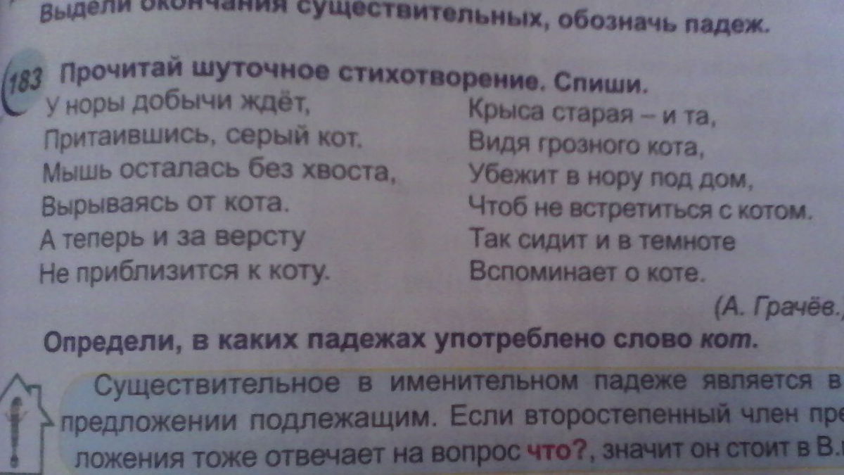 Прочитайте шутливое стихотворение. Убежит в нору под дом падеж существительных. Стих у Норы добычи ждет притаившись серый кот. Падежи в тексте у Норы добычи ждет. У Норы добычи ждет притаившись серый имена существительные.