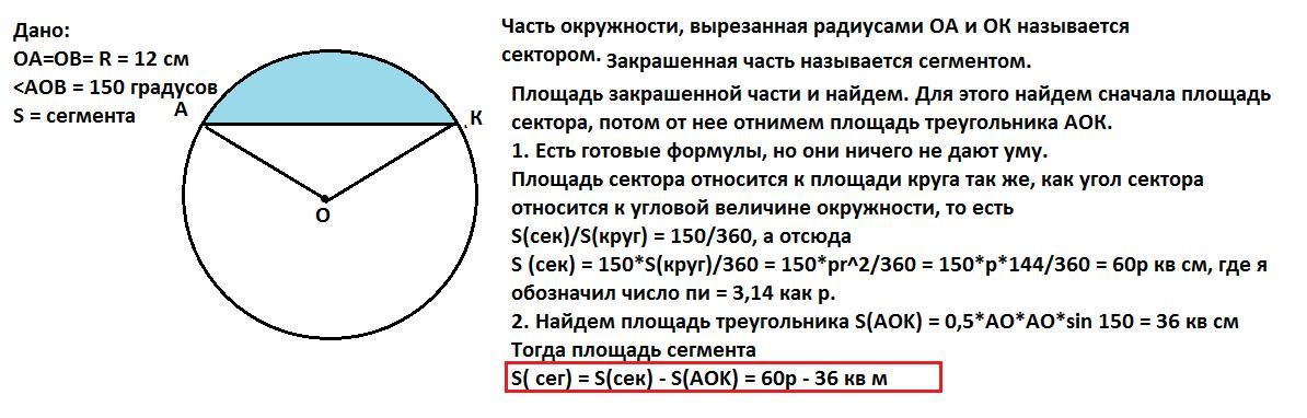 На рисунке изображен сегмент круга с центром в точке о и радиусом равным 6 см