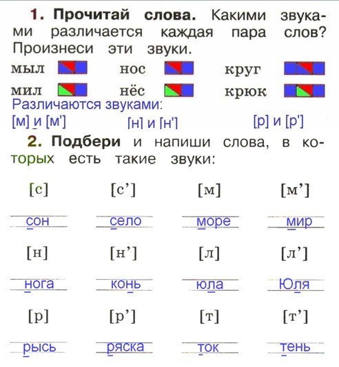 Отметь на схеме какими звуками различаются слова