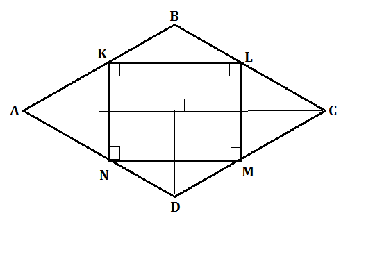 Площадь ромба равна 2. Середины сторон ромба. Площадь четырехугольника ромба. Середины сторон ромба являются вершинами прямоугольника. Ромб KLMN.
