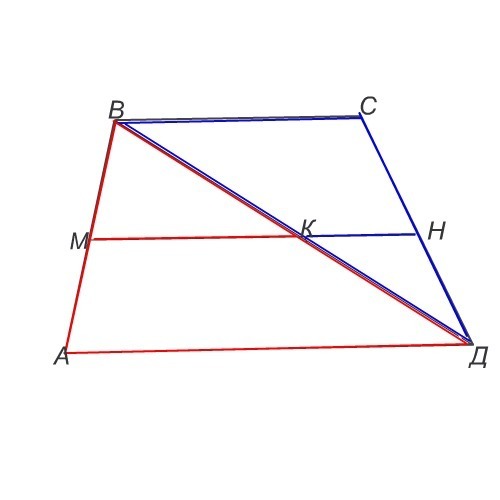 Разность длин двух сторон. Средняя линия трапеции и диагонали. Средняя линия трапеции и диагонали трапеции. Диагональ делит среднюю линию трапеции. Средняя линия и диагональ.