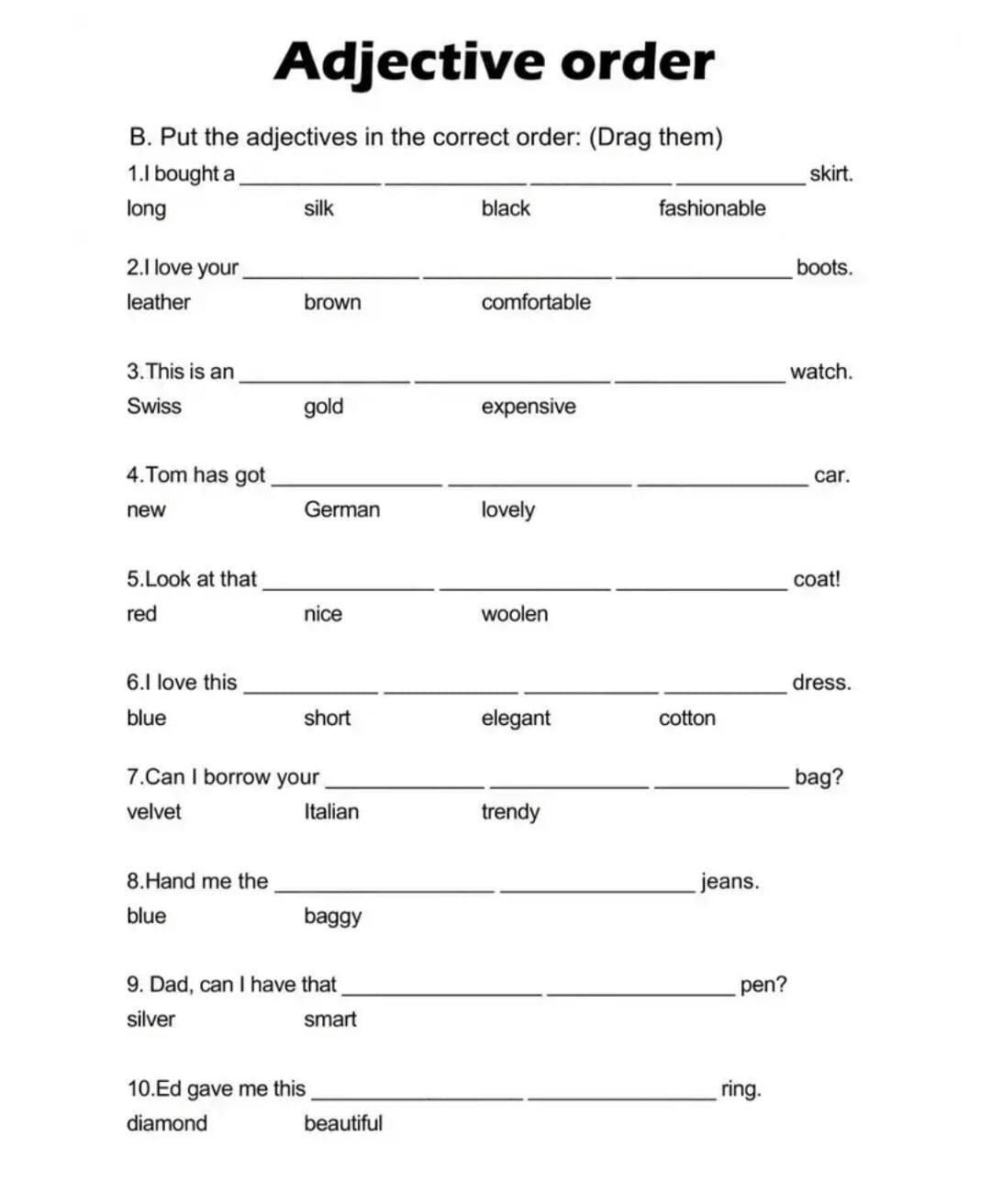 Order position. Order of adjectives in English exercises. Adjectives английский Worksheet. Прилагательные порядок в английском языке упражнения. Order of adjectives in English Worksheets.