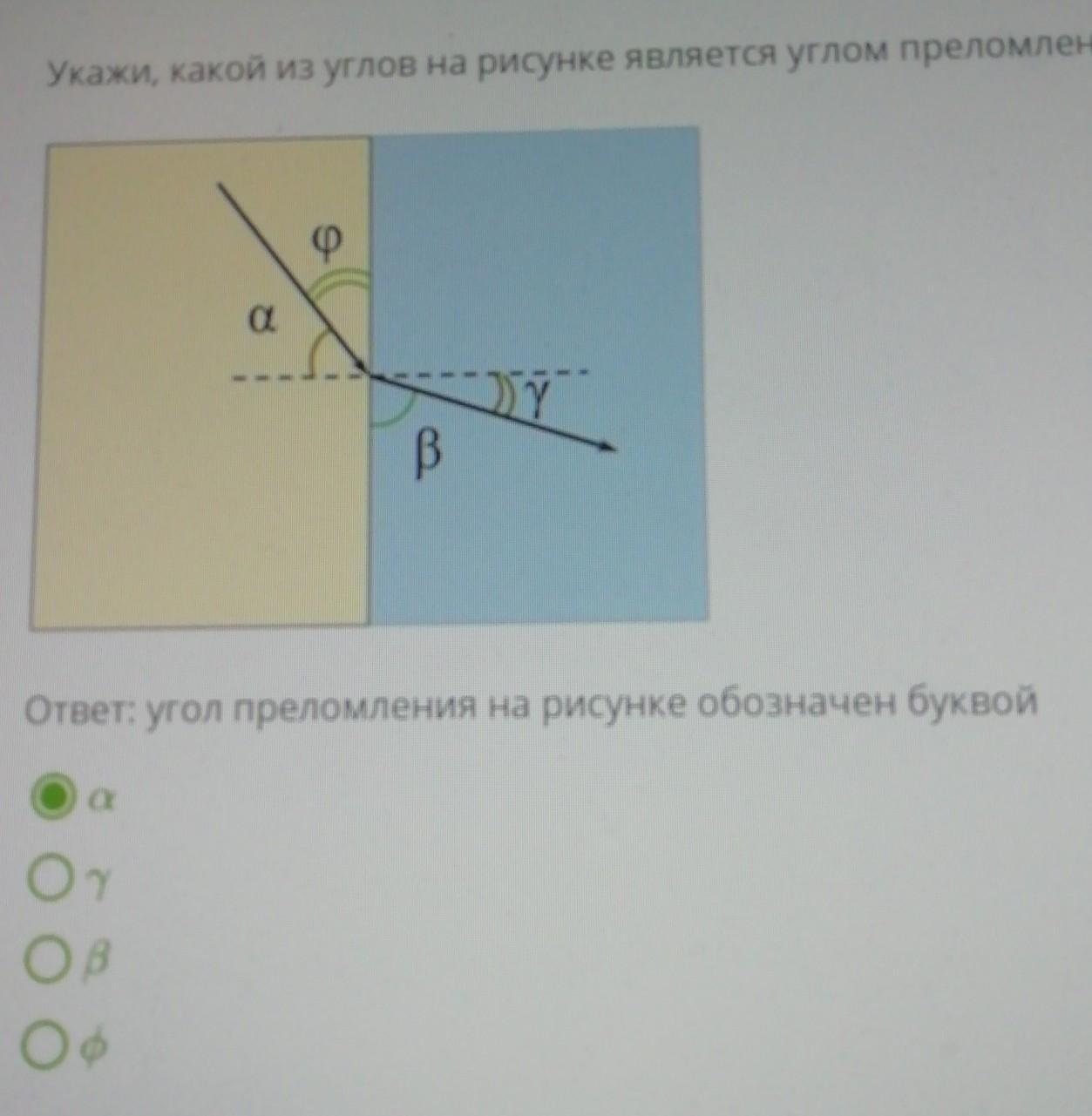 Как на рисунке обозначен угол преломления