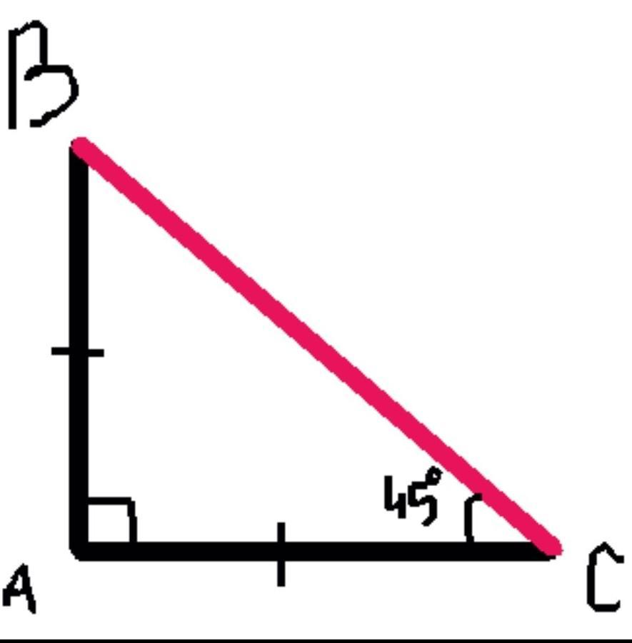 Напротив угла. Угол 45 градусов в прямоугольном треугольнике. Катет прямоугольного треугольника 45 градусов. Угол напротив 45 градусов равен. Угол 45 в прямоугольном треугольнике.