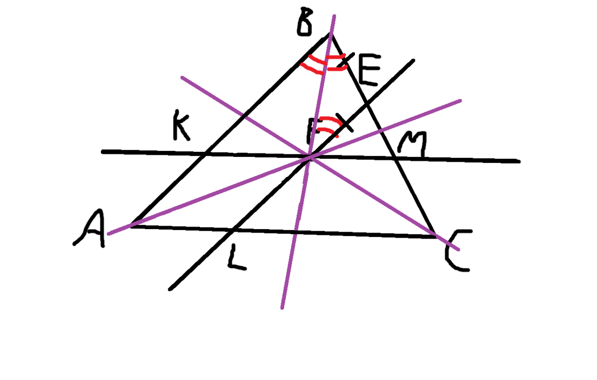 Пересекающиеся стороны. Внутри треугольника ABC. Внутри треугольника АВС отмечена точка f. Две параллельные прямые и биссектриса. Внутри треугольника АВС отмечена точка f через нее проведены прямые.