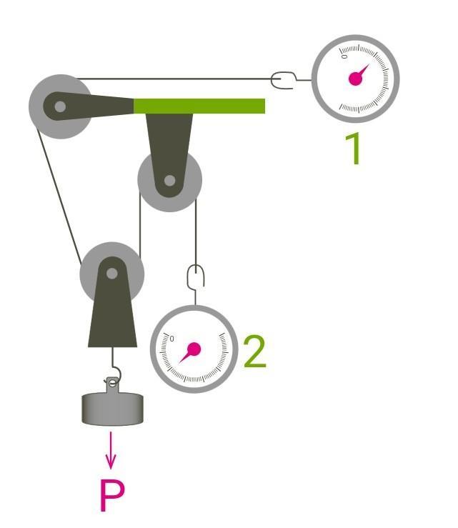 На рисунке изображена система блоков к которой подсоединены 2 динамометра